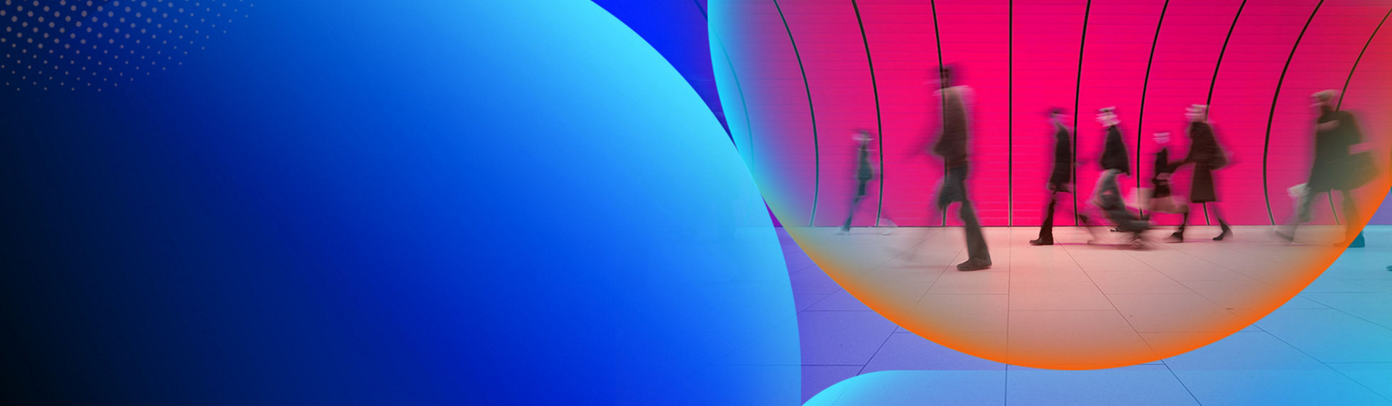 People walking quickly with a blurred effect against a bright pink wall background with an orange and blue lens overlay