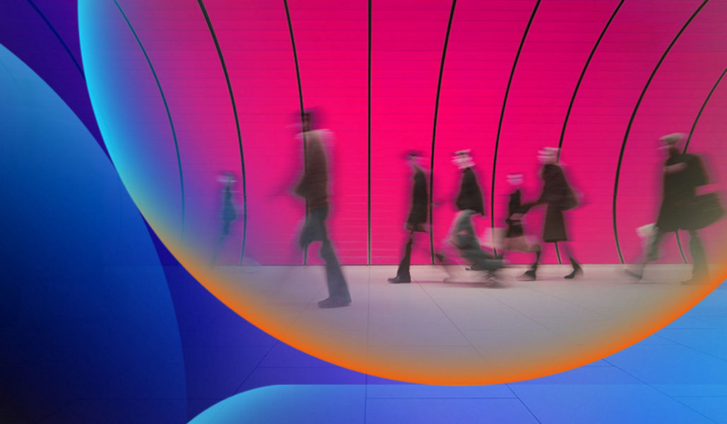 People walking quickly with a blurred effect against a bright pink wall background with an orange and blue lens overlay