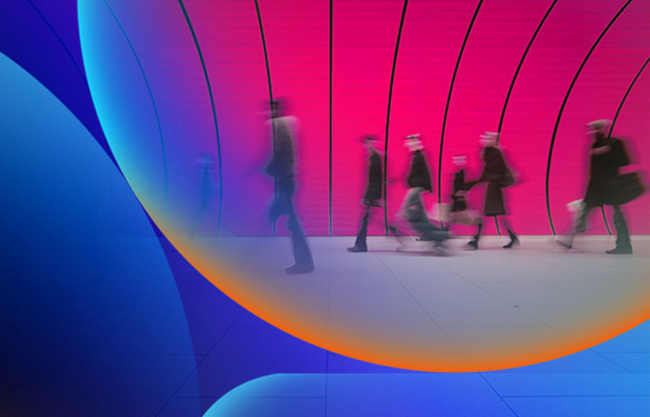 People walking quickly with a blurred effect against a bright pink wall background with an orange and blue lens overlay