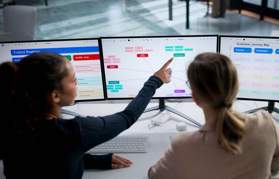 Man and woman at desk looking at laptop in office room