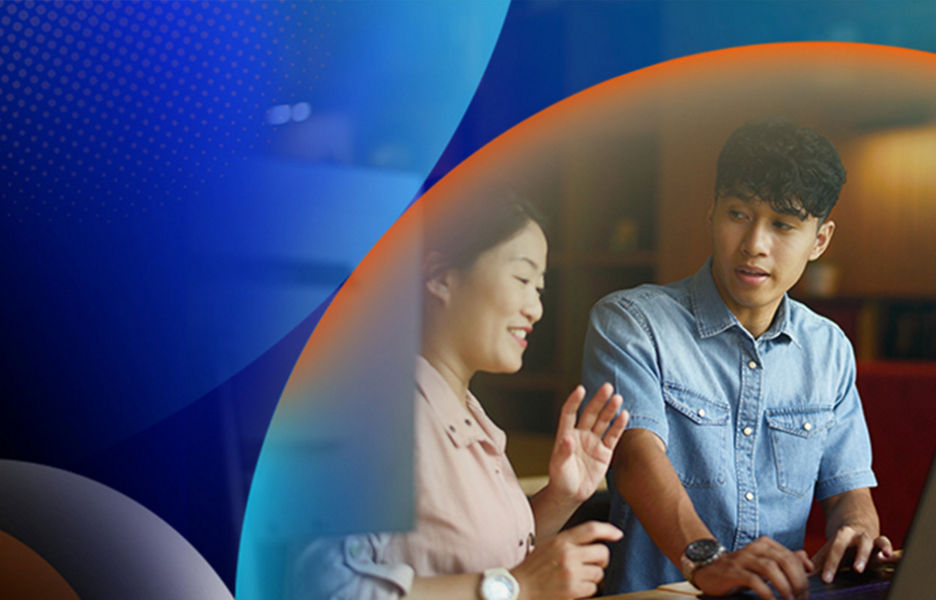Two people having a conversation while one is on their computer with an orange and blue lens overlay