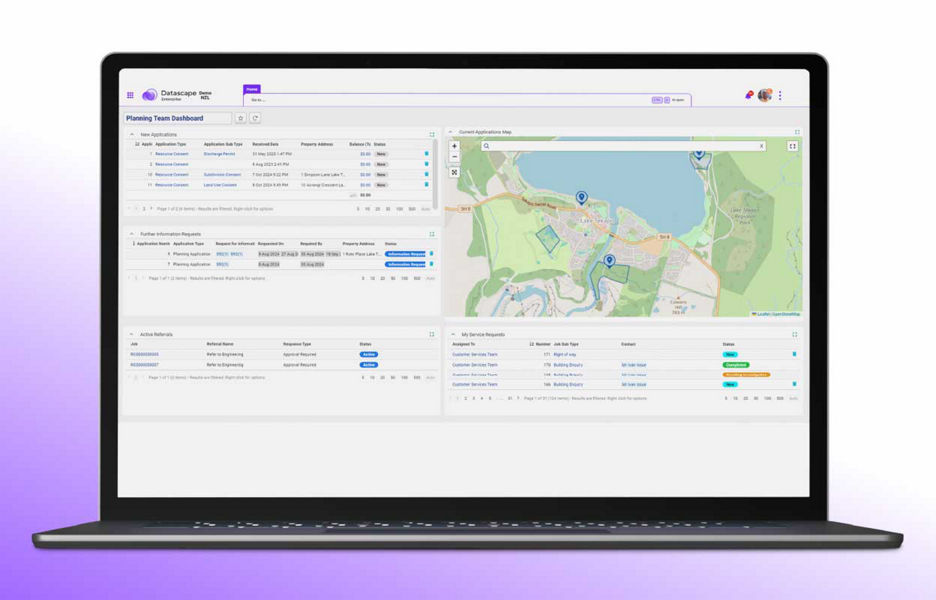 Laptop showing the Datascape enterprise demo website planning team dashboard panel 