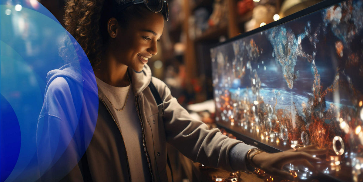 A young women touching an interactive screen