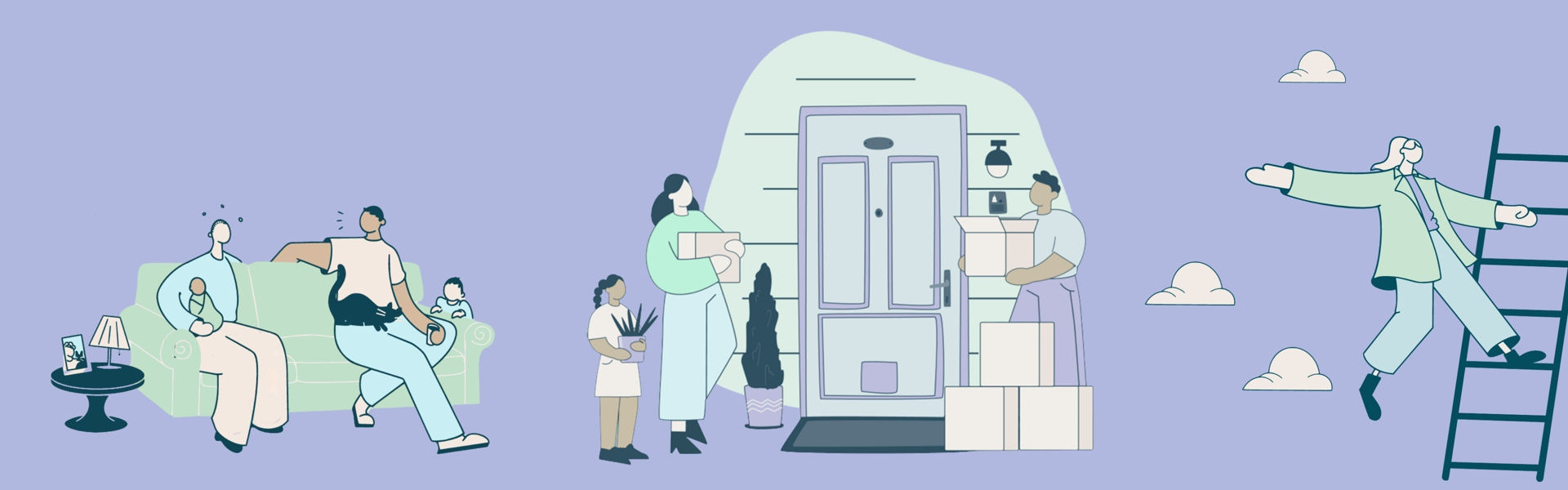 Vector illustrations of people depicting housing, community and progression in line with the mission of SYC So You Can 