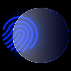 A blue fingerprint behind a circle