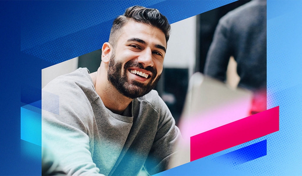 A blue and pink banner with a service desk lady smiling 
