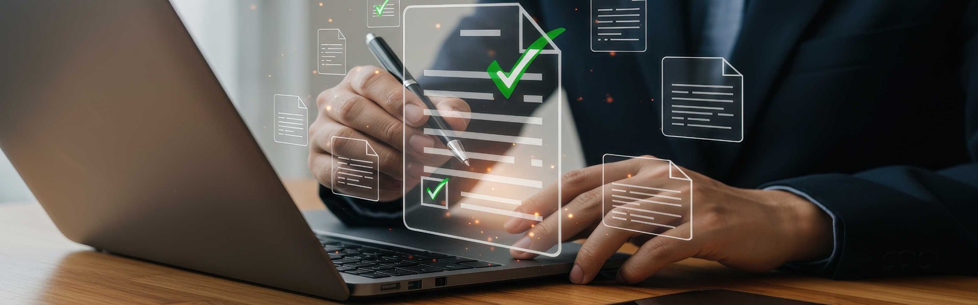 Floating document icons with checkmarks overlaying a person in a suit is using a stylus to interact with a laptop. 