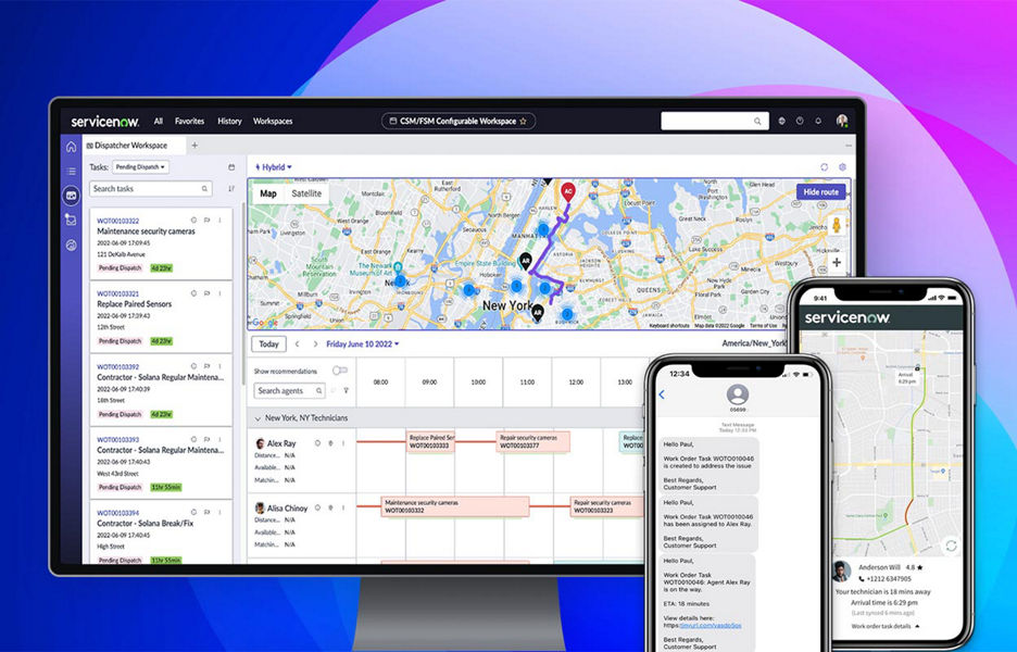 Mobile and Desktop screen mockups of the ServiceNow product