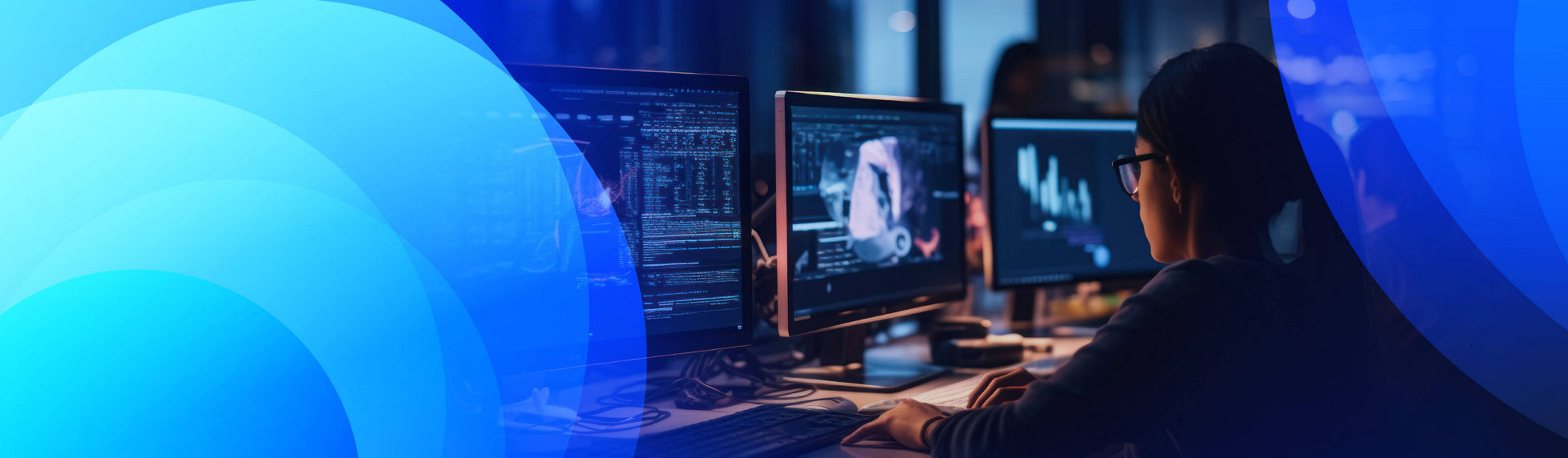Two people using keyboards connected via cloud networking surrounded by angular geometric shapes