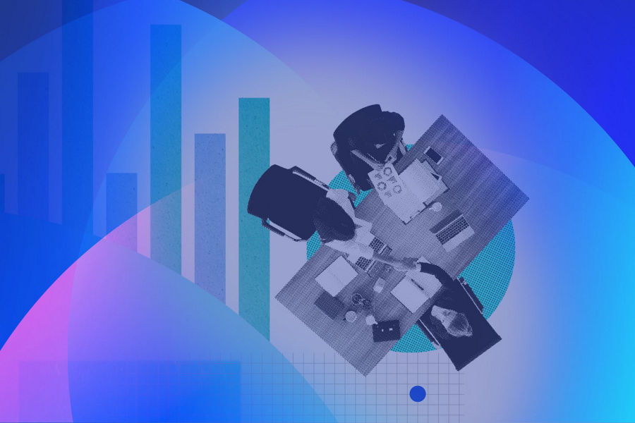 An abstract graphic with a bar chart and a bird’s-eye view of a desk workspace.