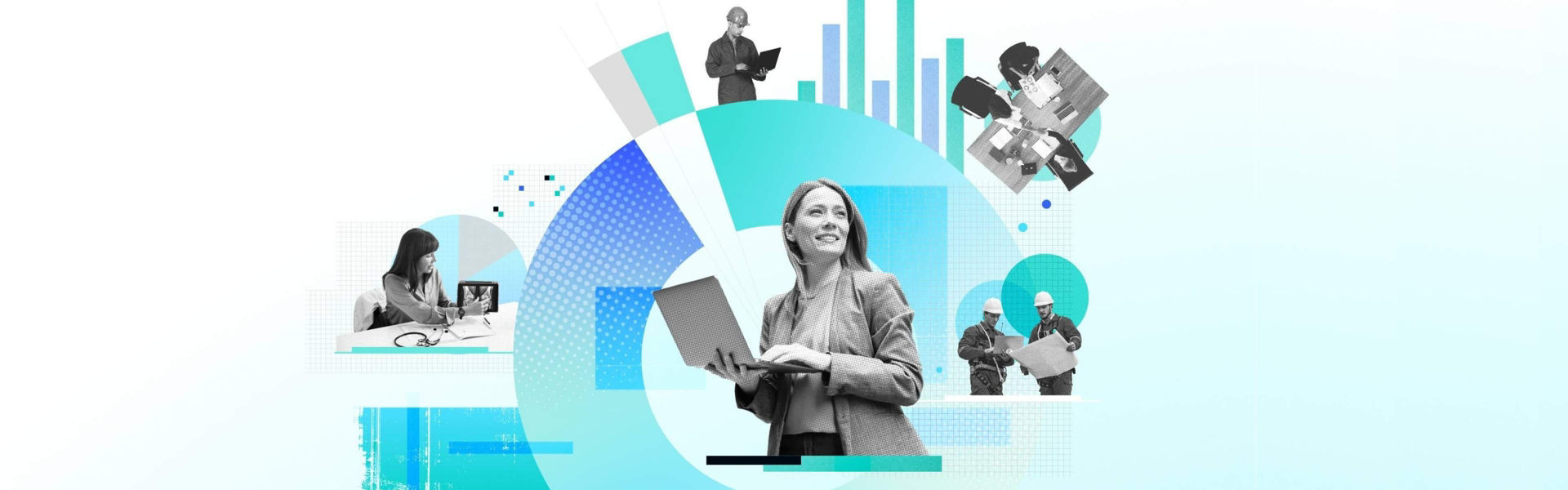 Datacom State of AI Index 2026 press release banner featuring Index design elements depicting workers, collaboration and innovation, with statistic adjacent elements in the background