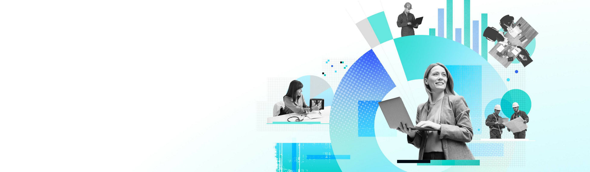 Illustration of people in an office discussing with bar graphs in the back