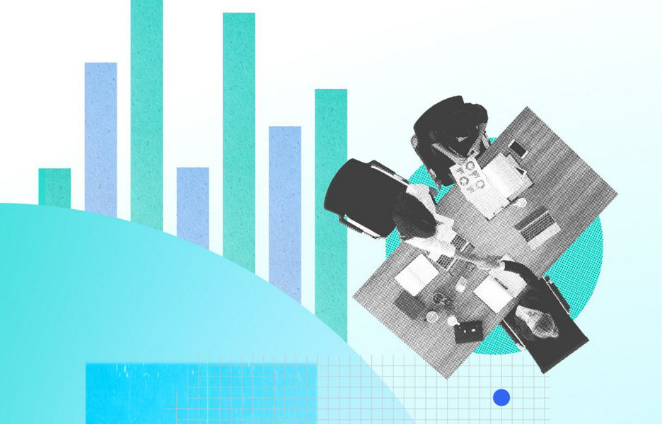 Collage-style image showing a bird’s-eye view of three professionals working together using AI, with a  bar chart and abstract graphics in the background.