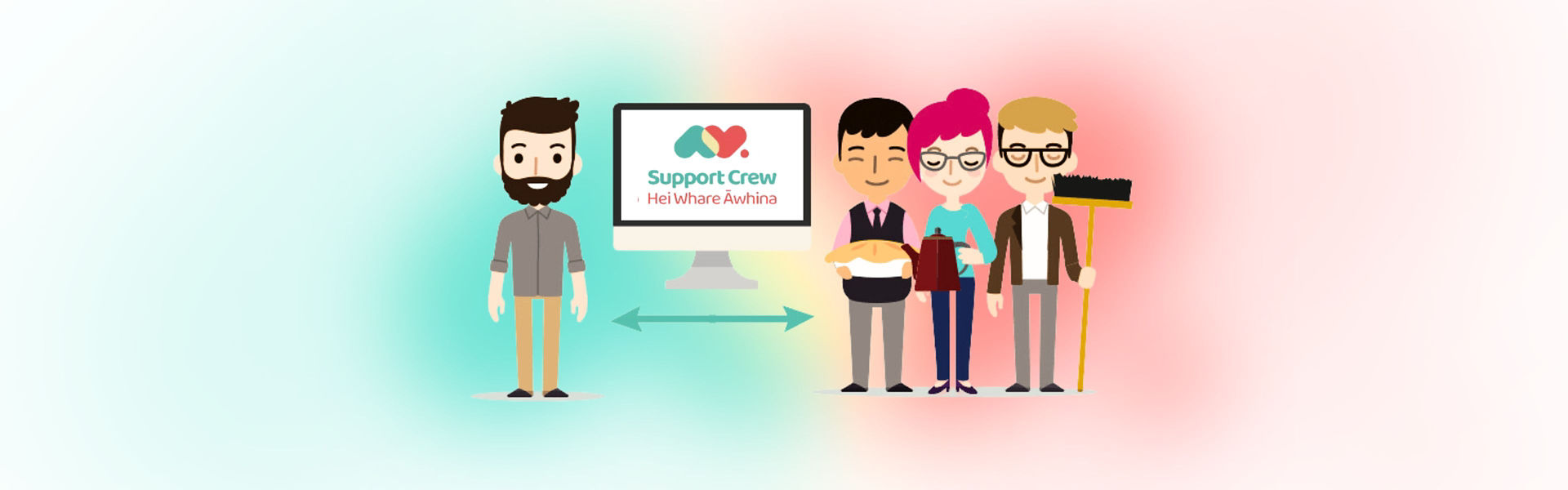 Illustration of four characters standing either side of a computer screen 