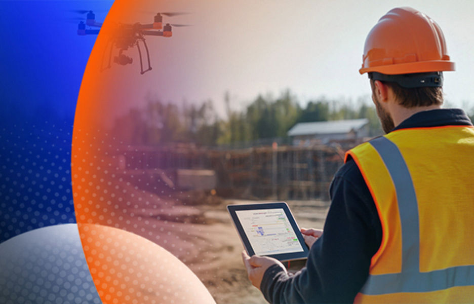 Person controlling a drone in the air over a development working site with a man in a safety hat and high-vis vest on with an orange and blue lens overlay