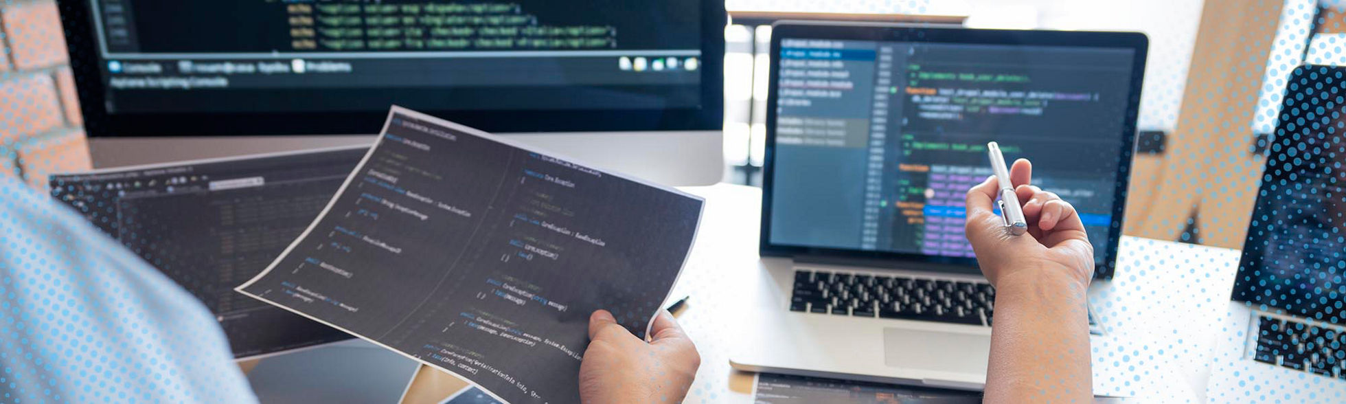 Collaborative work Software engineers website developer technologies or programmer working coding on startup ai application project on screen with partner in coworking space office company