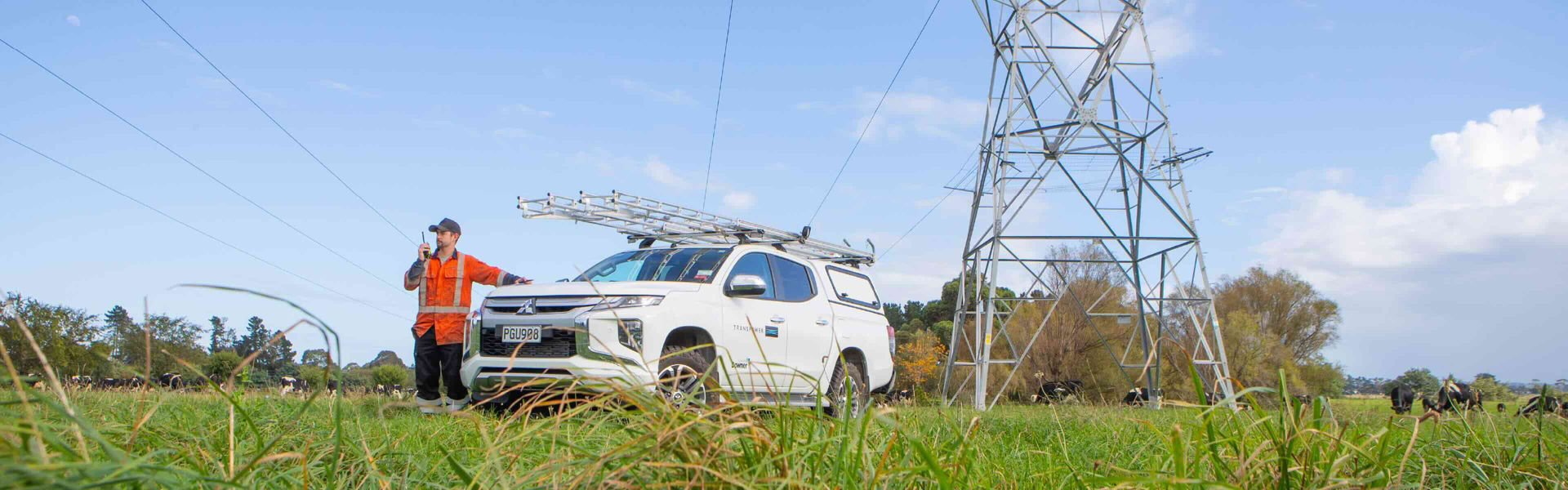 Transpower field engineer standing in a paddock next to a powerline and truck.