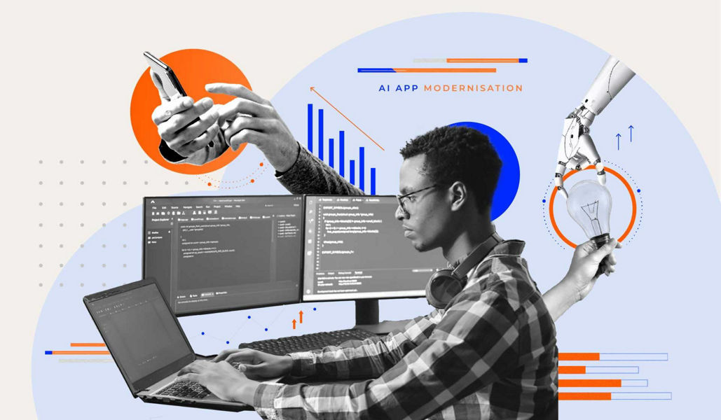 A collage of a developer working on a laptop and other related app modernisation imagery