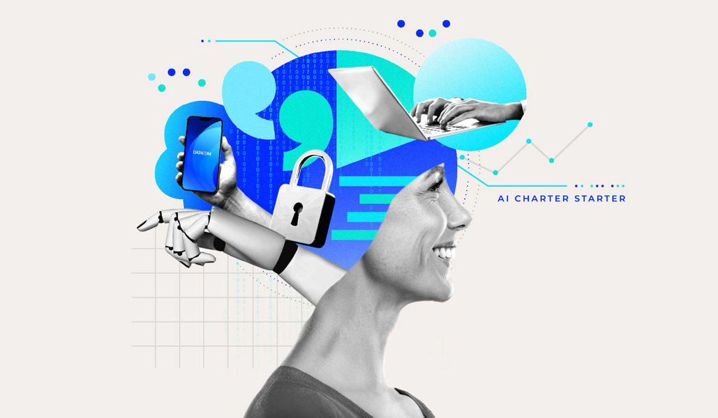A collage of a smiling woman and other related AI and language model imagery