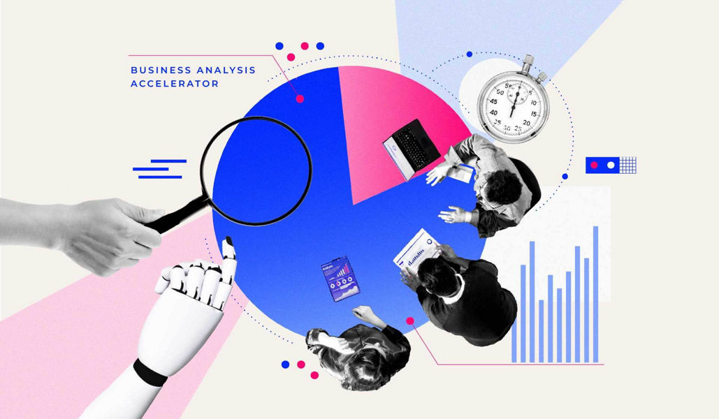 A collage of a team working at a large office desk and other related business acceleration imagery
