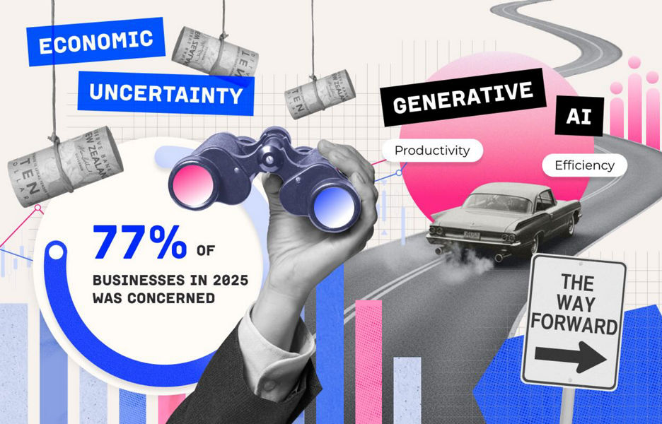 A hand holding binoculars with a car driving along a road with stats and business outlooks