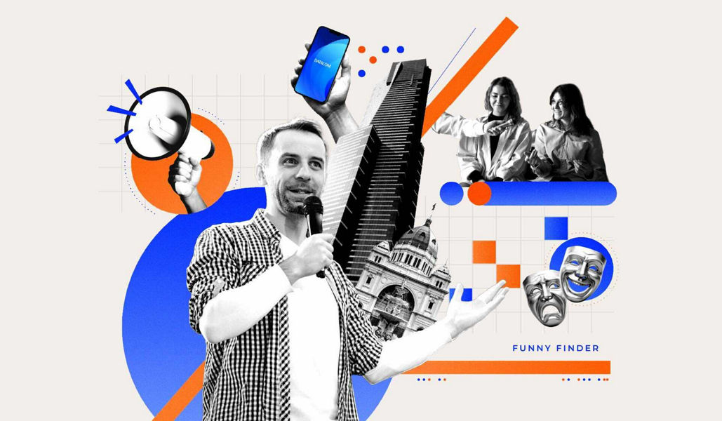 A collage of a comedian performing and other related Melbourne comedy festival imagery