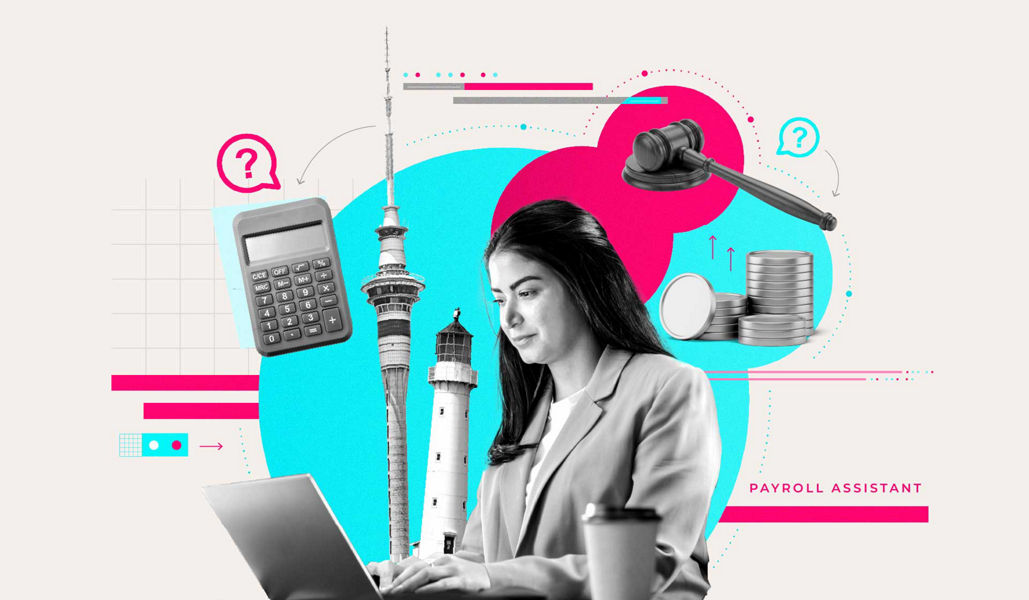 A collage of a woman working on her laptop and other related payroll and HR imagery