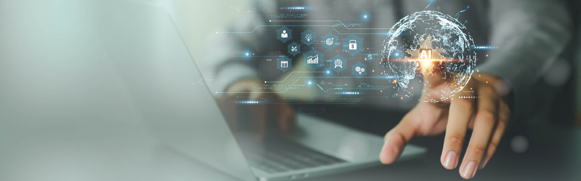 Finger tapping a screen with interactive AI imagery