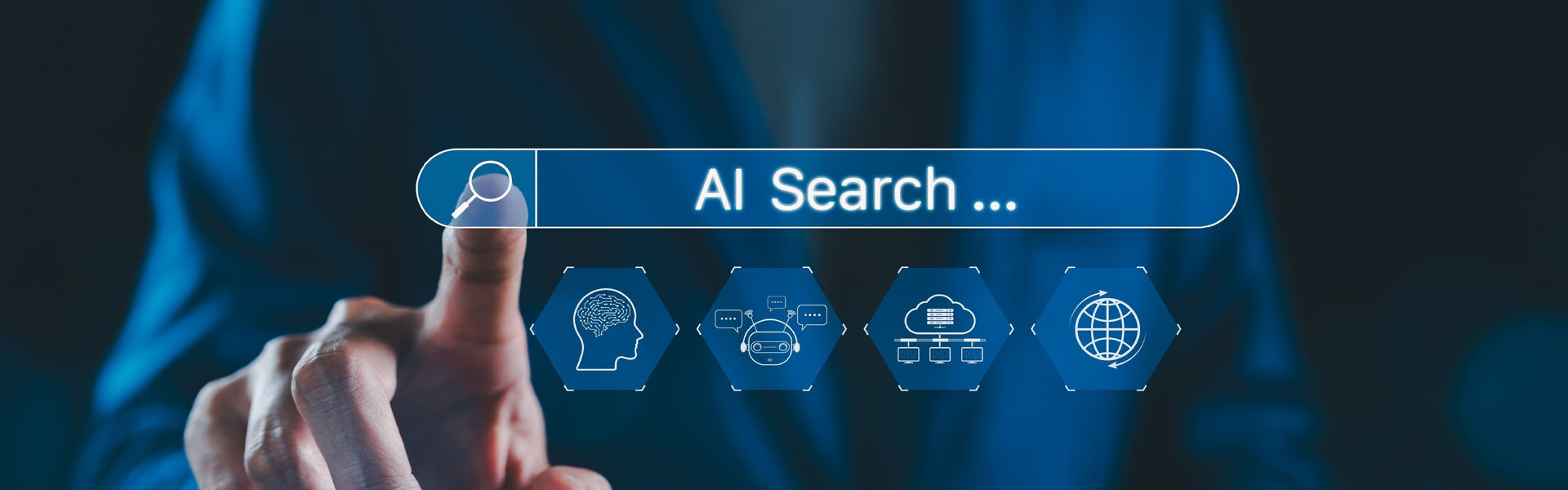Male finger clicking AI search engine bar