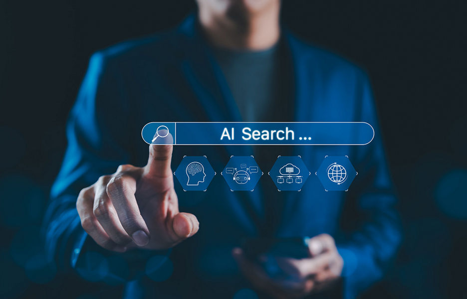 A finger pointing to an AI search button on a screen