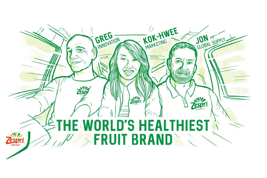 Line illustration of 3 Zespri employees, with text saying "The world's healthiest fruit brand"