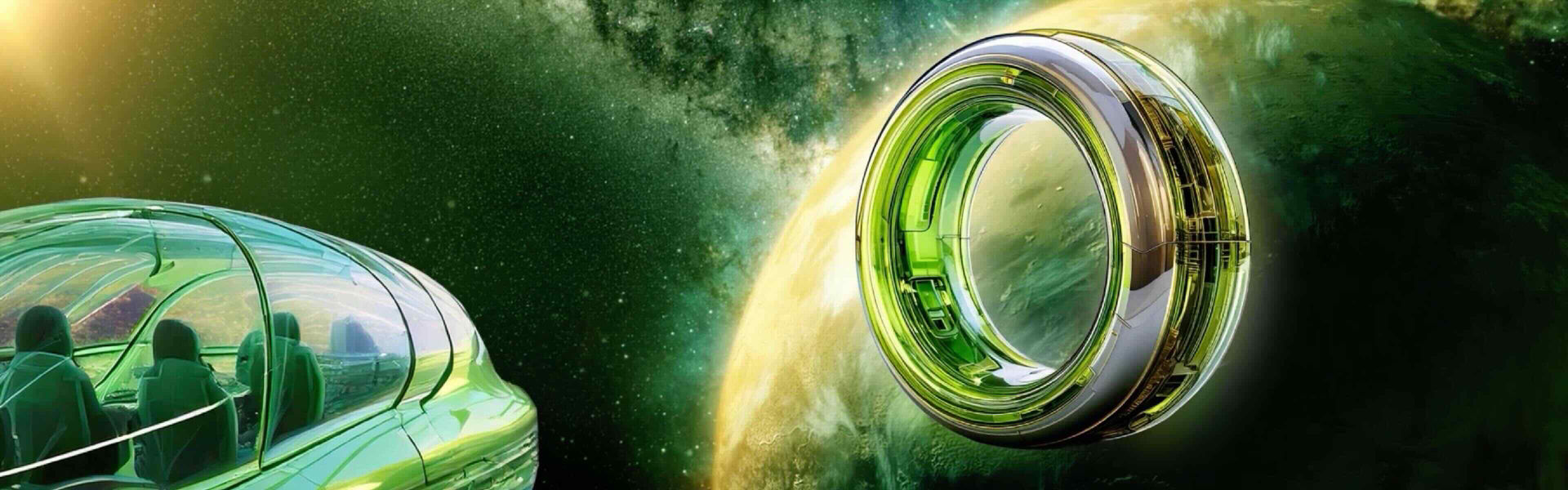 Green spacecrafts in a green galaxy with an unknown green planet in the background. 