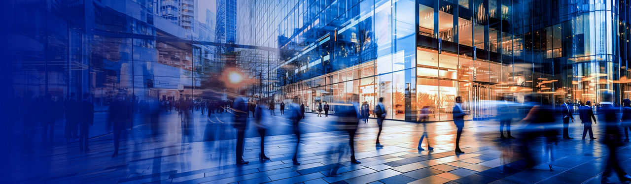 Busy city scene with a blue hue