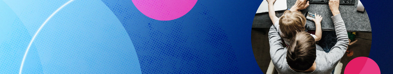 Blue and pink circle illustration next to a man with a child on his lap