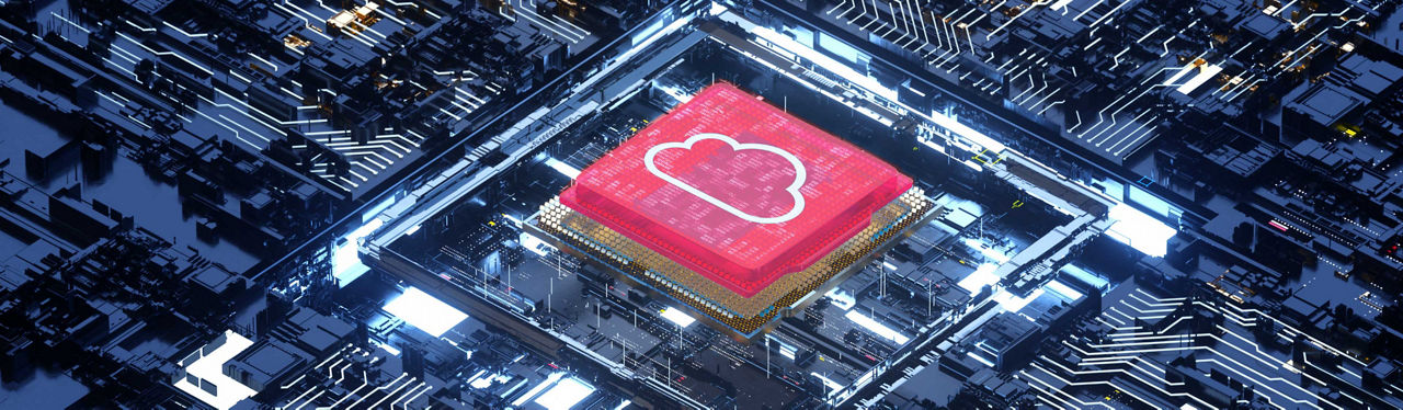 A pink cloud server chip with a white cloud on it