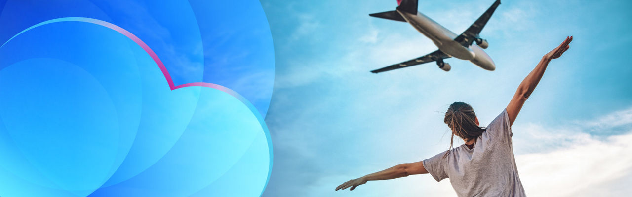 Woman holding hands out like an airplane while an airplane flies above her head