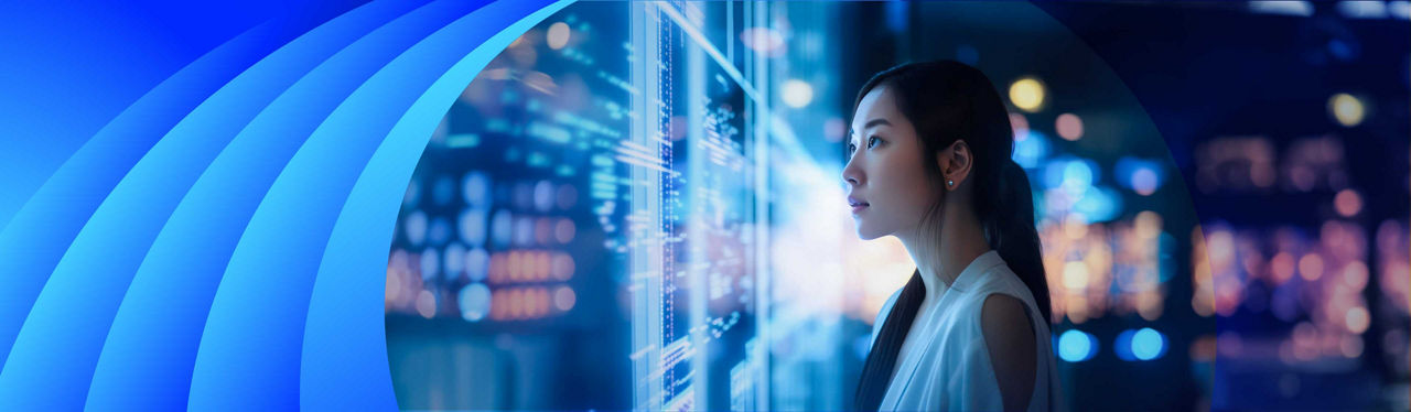 A woman looking through a window of lights and technology