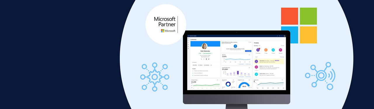 A screen mockup of Microsoft software surrounded by the Microsoft logo and tech icons