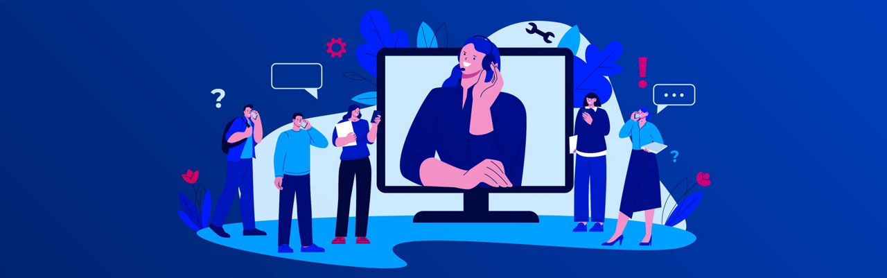 Customer people support concept. Phone consultant, global helpline or virtual assistant. Woman in headphones on computer screen. Kicky call center vector scene