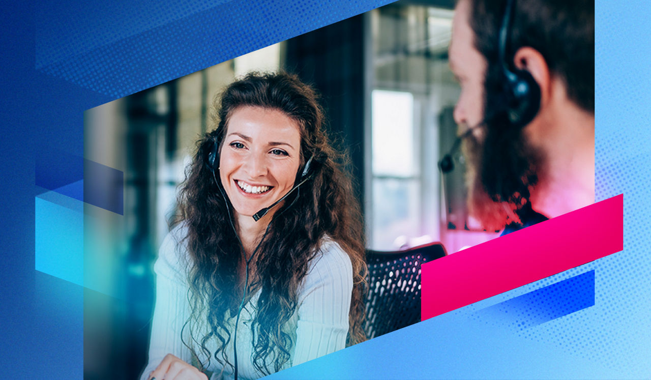 Smiling female customer service representative wearing a headset