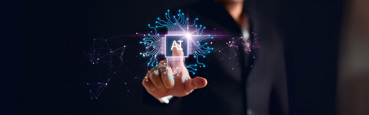 A person reaching out and touching a floating AI chip