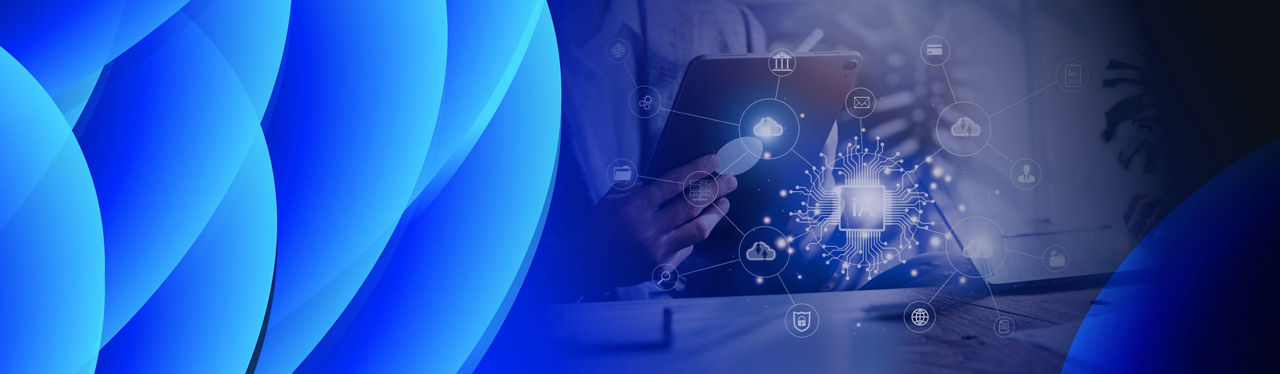 Hand holding a smart device with cloud and AI icons overlay