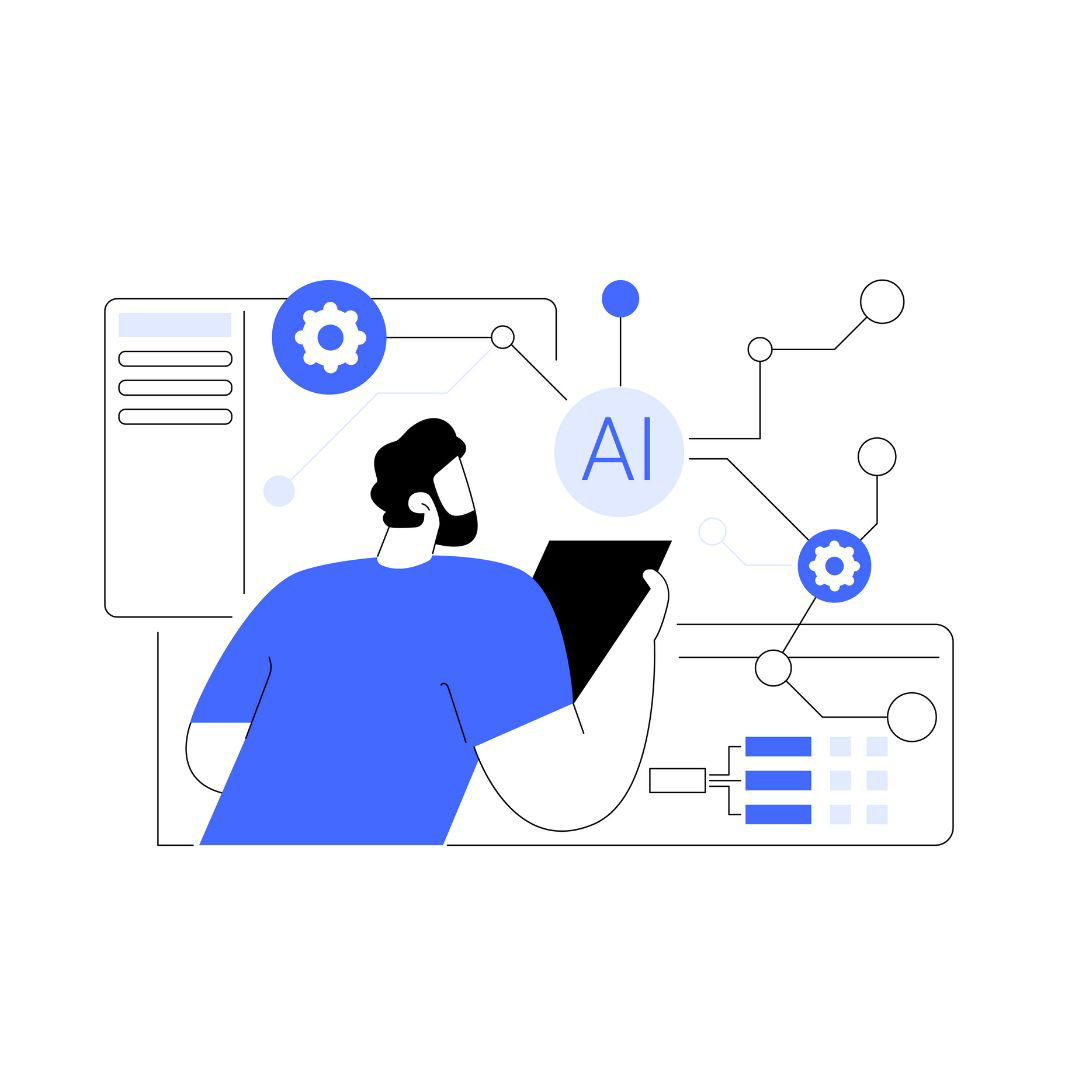 A blue and white AI assistant illustration
