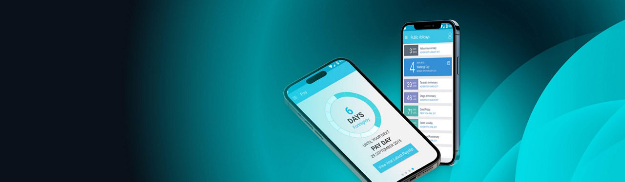 Mobile mockup images of the MyPay app surrounded by the logo and payroll icons