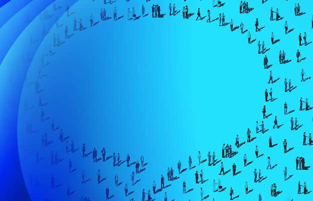 People standing and forming the shape of a speech bubble with Datacom brand pattern overlay