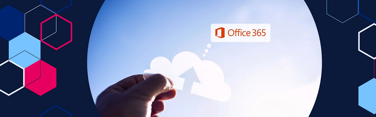 Man holding a template of a think cloud with an upward arrow in the middle  and Datacom patterns overlay